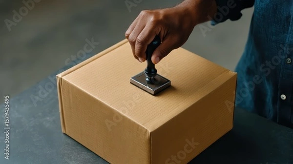 Obraz Person Applying Rubber Stamp to a Cardboard Box in a Workspace Environment