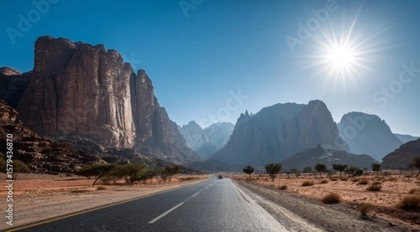 Fototapeta Road  mountain and rocks with desert landscape in the sunny day in the summer.