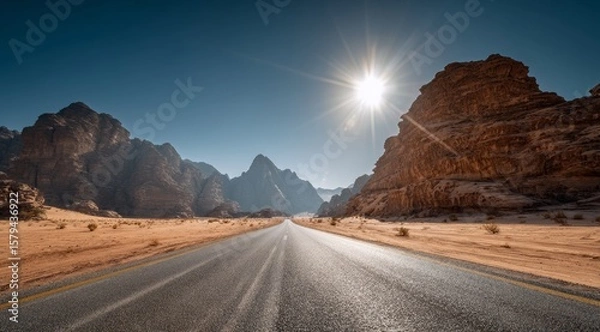 Fototapeta Road  mountain and rocks with desert landscape in the sunny day in the summer.