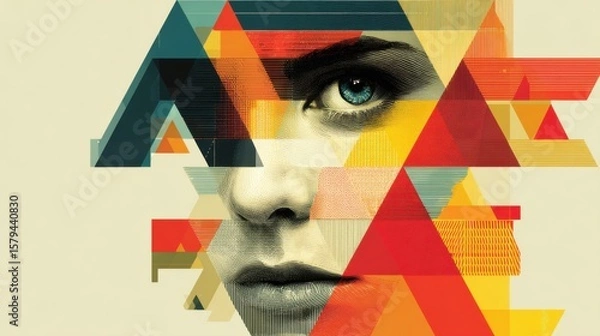 Fototapeta Geometric digital art face concept with triangles and bold colors
