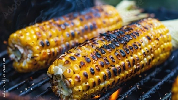 Fototapeta Grilled corn on the cob with vibrant yellow kernels and charred flavor