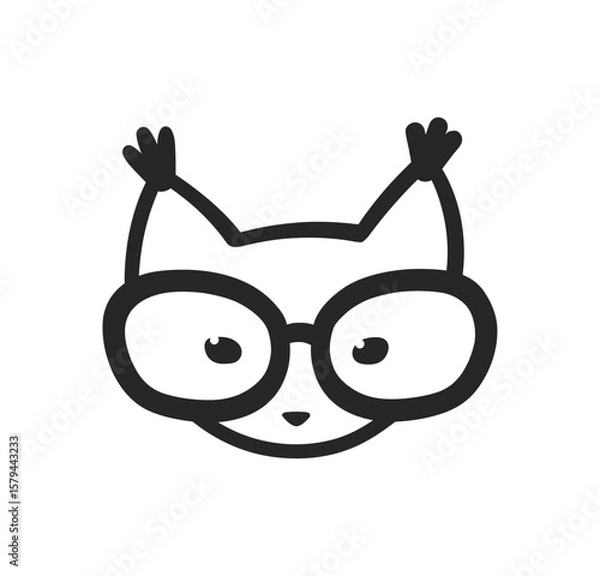Fototapeta Vector illustration of a cute lynx face with glasses in simple black line art.