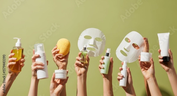 Fototapeta A collection of various skincare products and facial masks are held up by multiple hands against a light green background