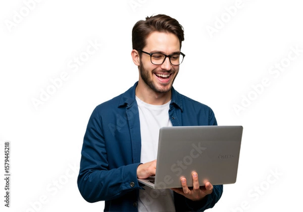 Obraz Smiling Young Man Using Laptop on White Background, Representing Modern Work and Digital Communication








