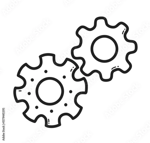 Fototapeta Vector illustration of gear wheels. Hand drawn line art object for technology or mechanics themes.