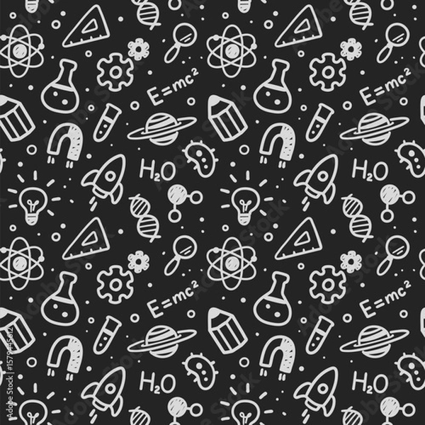 Fototapeta Vector illustration of science and education doodles in seamless hand drawn pattern on chalkboard background.