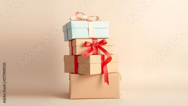 Fototapeta Neatly stacked gift boxes with ribbons sit against a pastel background, arranged for an e-commerce concept.