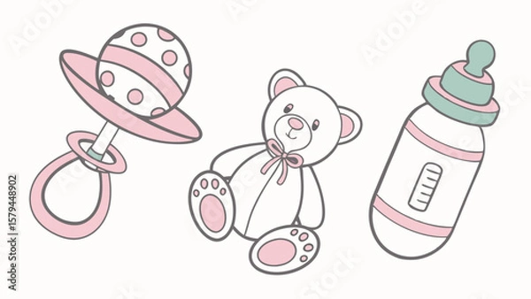 Obraz Vector illustration of baby toys including a rattle, teddy bear, and bottle, representing early childhood and parenting