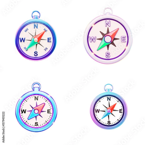 Fototapeta Colorful 3D compass icons in various designs and styles  