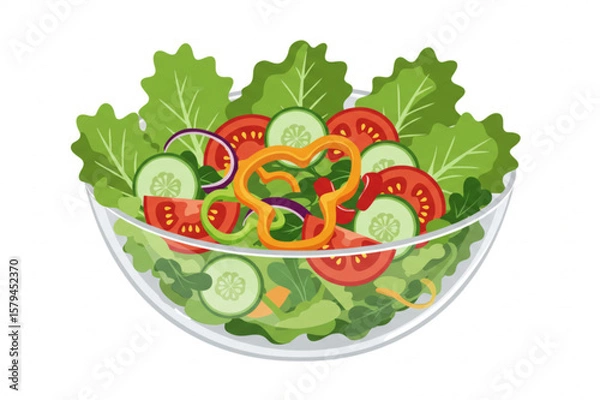 Fototapeta A colorful salad bowl design featuring fresh tomatoes, cucumbers, lettuce, and onions, perfect for nutrition-related graphics and healthy food content.
