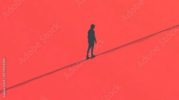Fototapeta A solitary figure walks a tightrope against a bold red background, symbolizing balance and risk.