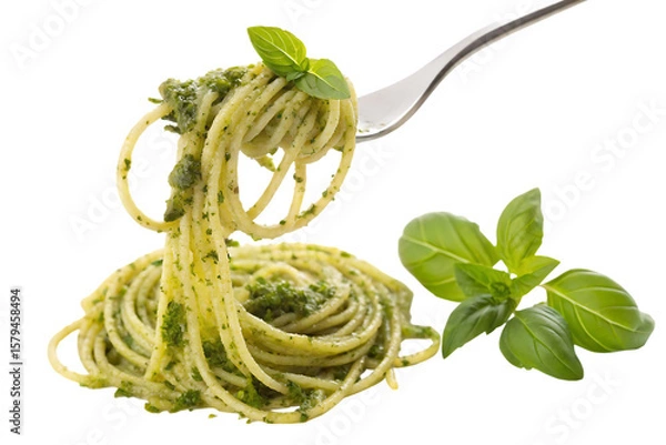 Fototapeta Spaghetti with green pesto, decorated with basil leaves, on a fork, on AI Generated by PNG