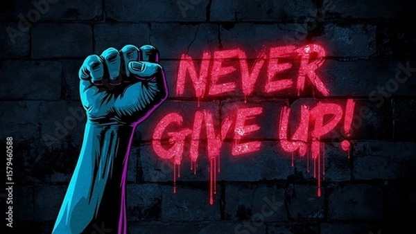 Fototapeta A raised fist with the words 'Never Give Up' next to it on a wall.