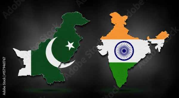 Fototapeta Maps of india and pakistan are displayed sidebyside, each filled with its respective national flag