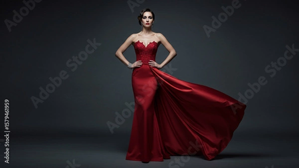 Fototapeta Elegant woman in luxurious red flowing evening gown posing confidently against a dark studio background, showcasing fashion and glamour.