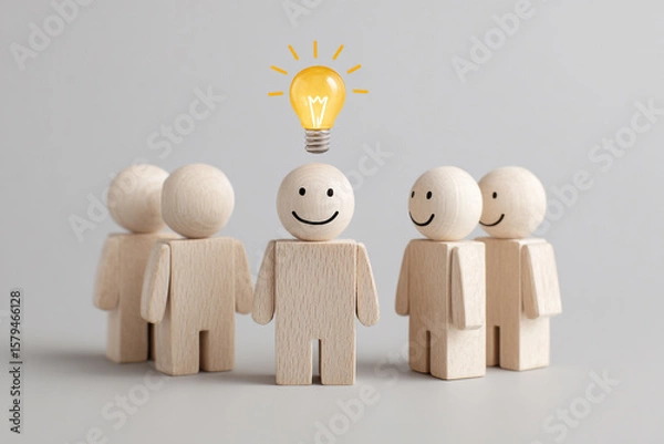 Fototapeta A team of wooden figures stands together, one with a bright lightbulb above, symbolizing a great idea