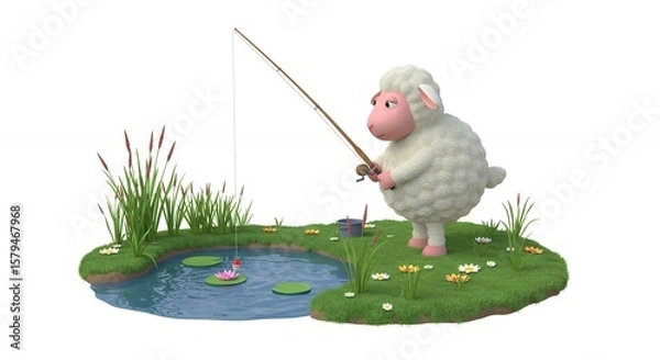Obraz Sheep fishing in a pond illustration