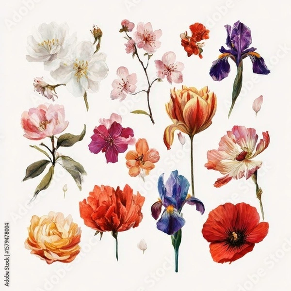 Fototapeta Vibrant collection of blooming flowers featuring various species in rich colors, arranged beautifully on a light background Generative AI