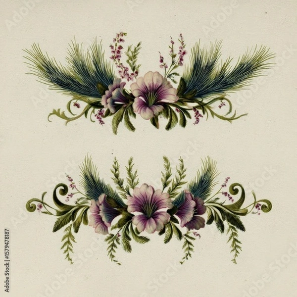 Fototapeta Floral design featuring delicate flowers and greenery arranged symmetrically on a vintage background Generative AI