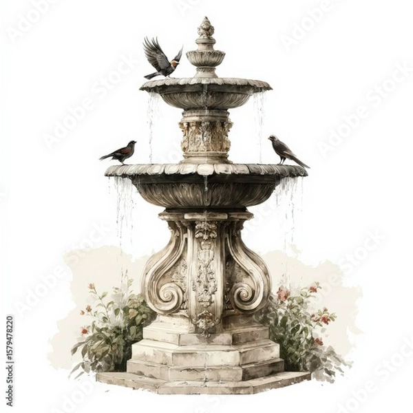 Fototapeta Elegant stone fountain surrounded by greenery with birds bathing in the sun during a warm afternoon Generative AI