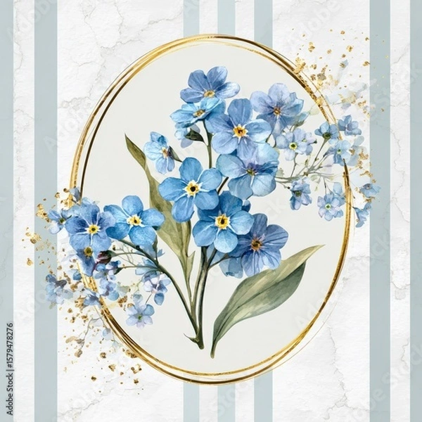 Fototapeta Beautiful blue flowers arranged artistically on a soft marble background with gold accents and striped design Generative AI