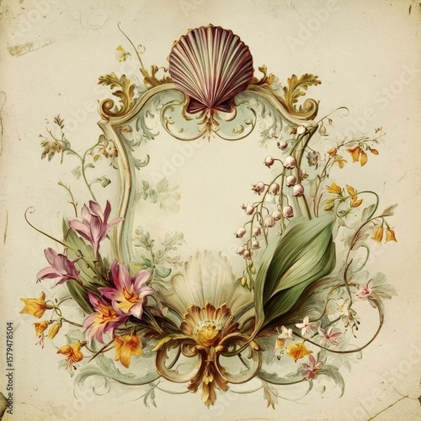 Fototapeta Elegant floral design with seashell and ornate detailing featuring lilies, orchids, and leaves Generative AI
