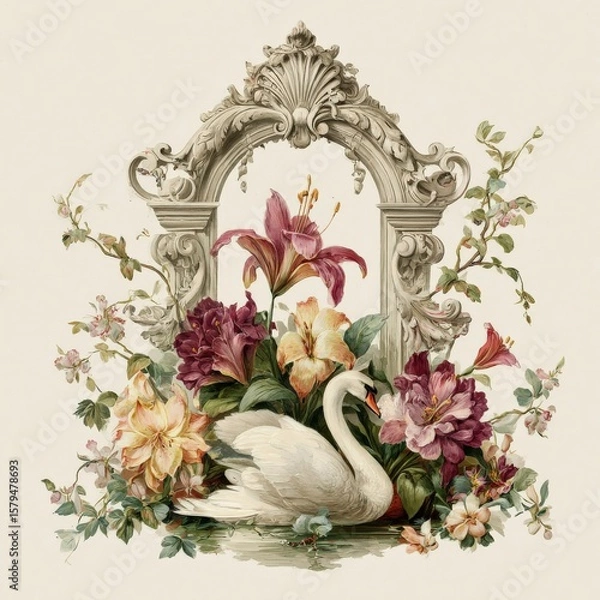 Fototapeta Elegant swan surrounded by vivid flowers in a vintage floral arrangement setting from a historical art collection Generative AI