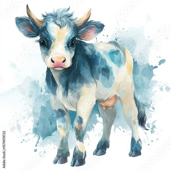 Fototapeta Young calf stands calmly with blue splashes in the background, showcasing its playful nature in a colorful artistic form Generative AI