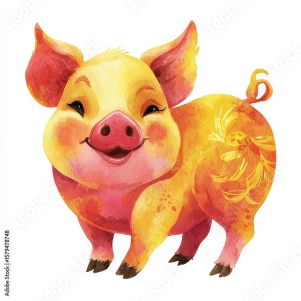 Fototapeta Vibrant illustration of a cheerful pig with bright colors and a playful expression in a whimsical style Generative AI
