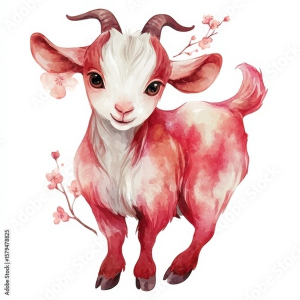 Fototapeta Cute red and white goat with cherry blossom accents in a whimsical design capturing farm life and nature Generative AI