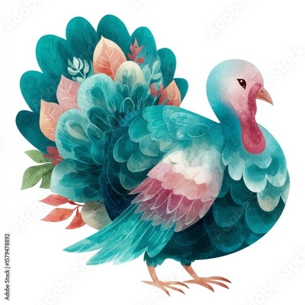 Fototapeta Colorful turkey illustration featuring vibrant feathers and autumn leaves in a whimsical style suitable for seasonal decor Generative AI