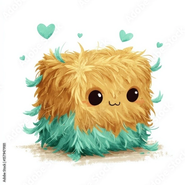 Fototapeta Cute and fluffy cartoon creature with a joyful expression surrounded by hearts Generative AI