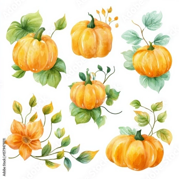 Fototapeta Colorful pumpkins and leaves showcase autumn's beauty in a vibrant arrangement of seasonal nature elements Generative AI