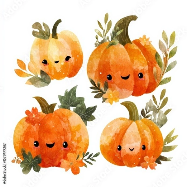 Fototapeta Charming watercolor pumpkins featuring cute expressions and foliage in a delightful autumn arrangement for seasonal decor Generative AI