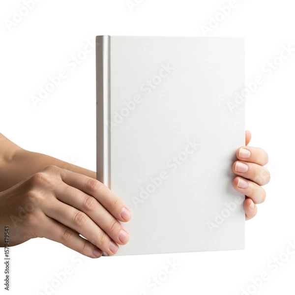Fototapeta Hand holding a blank white hard cover book on Isolated transparent background png. generated with AI