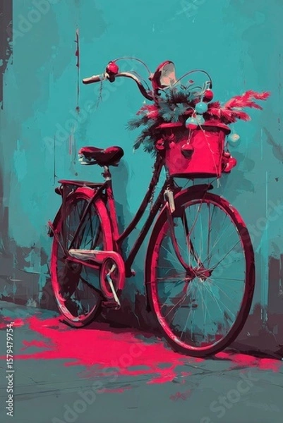 Fototapeta Colorful vintage bicycle with a basket full of plants against a vibrant wall in an urban setting Generative AI