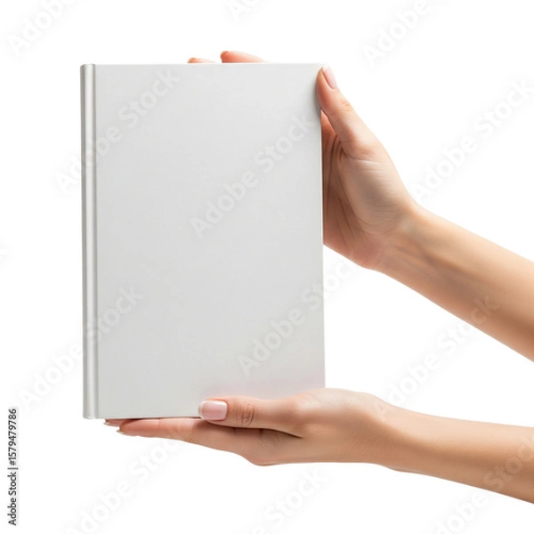 Fototapeta Hand holding a blank white hard cover book on Isolated transparent background png. generated with AI