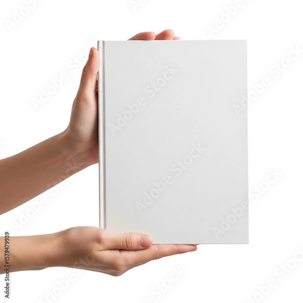 Fototapeta Hand holding a blank white hard cover book on Isolated transparent background png. generated with AI