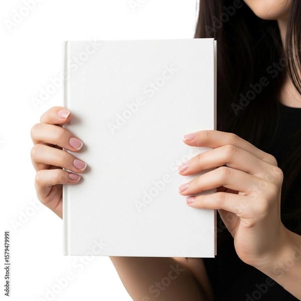 Fototapeta Hand holding a blank white hard cover book on Isolated transparent background png. generated with AI