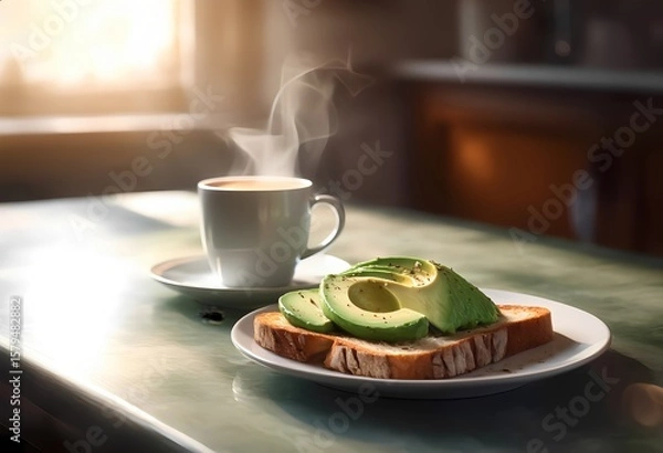 Obraz An aesthetic breakfast scene of arranged avocado toast and a steaming cup of coffee on a rustic wooden table