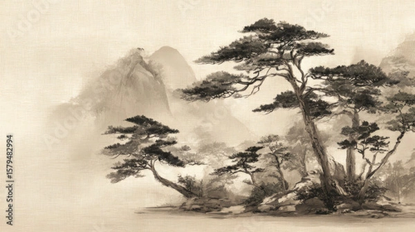Fototapeta Sepia toned landscape painting with trees and misty mountains in the background art illustration