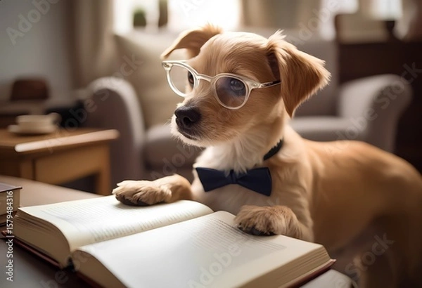 Obraz In a cozy living room, a charming dog wearing glasses and a stylish bow tie intently studies an open book