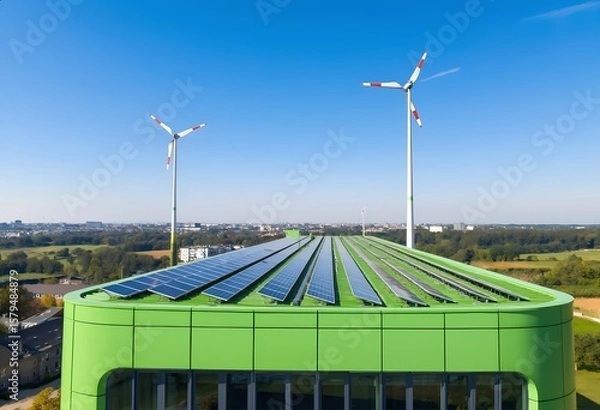 Obraz A contemporary building that showcases solar panels and wind turbines, promoting renewable energy initiatives
