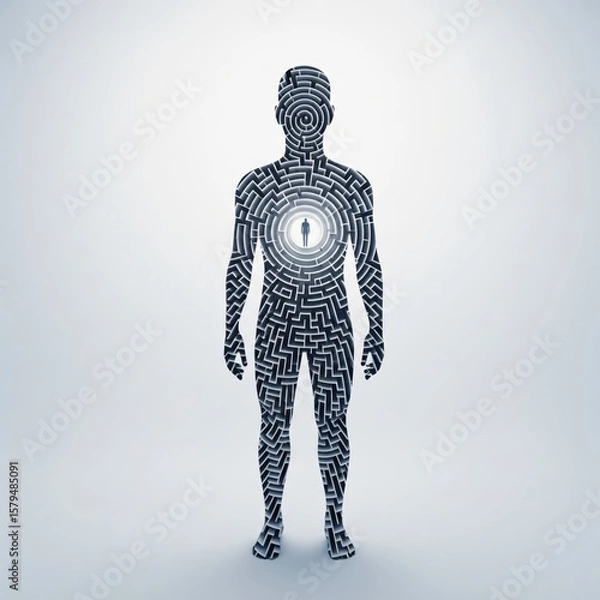 Fototapeta A metaphor for the complexity of the mind: a human silhouette containing an intricate labyrinth, symbolizing an inner journey
