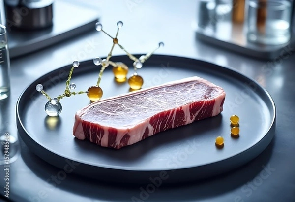 Obraz A beautifully marbled steak is presented on an elegant and sleek plate, showcasing an artistic molecular food structure