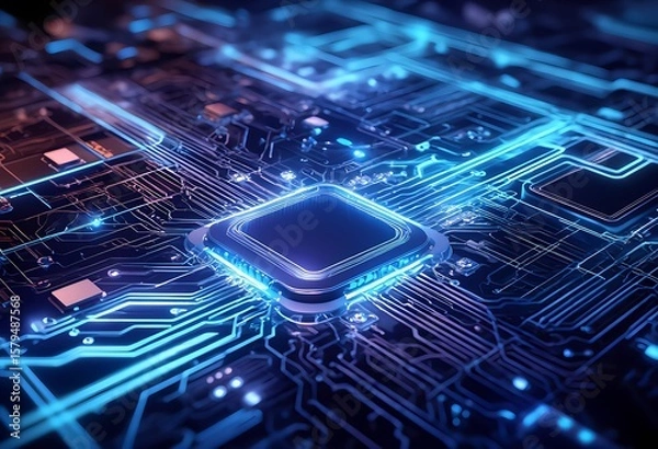 Obraz A stunning digital artwork showcasing a microchip on a circuit board, celebrating modern technology and innovation