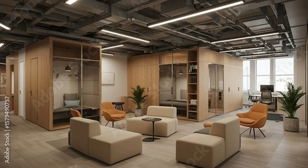 Fototapeta Modern office space featuring modular seating, wooden cubicles, and large windows providing natural light in a contemporary workspace.