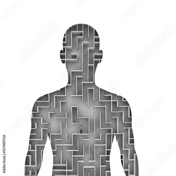 Fototapeta A metaphor for the complexity of the mind: a human silhouette containing an intricate labyrinth, symbolizing an inner journey
