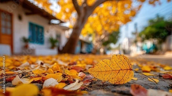 Fototapeta Fallen yellow leaf lies on the ground during autumn with blurred background