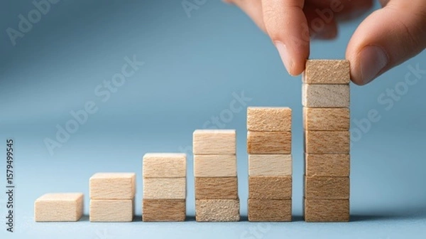 Fototapeta Businessman building increasing stacks of wooden blocks symbolizing growth